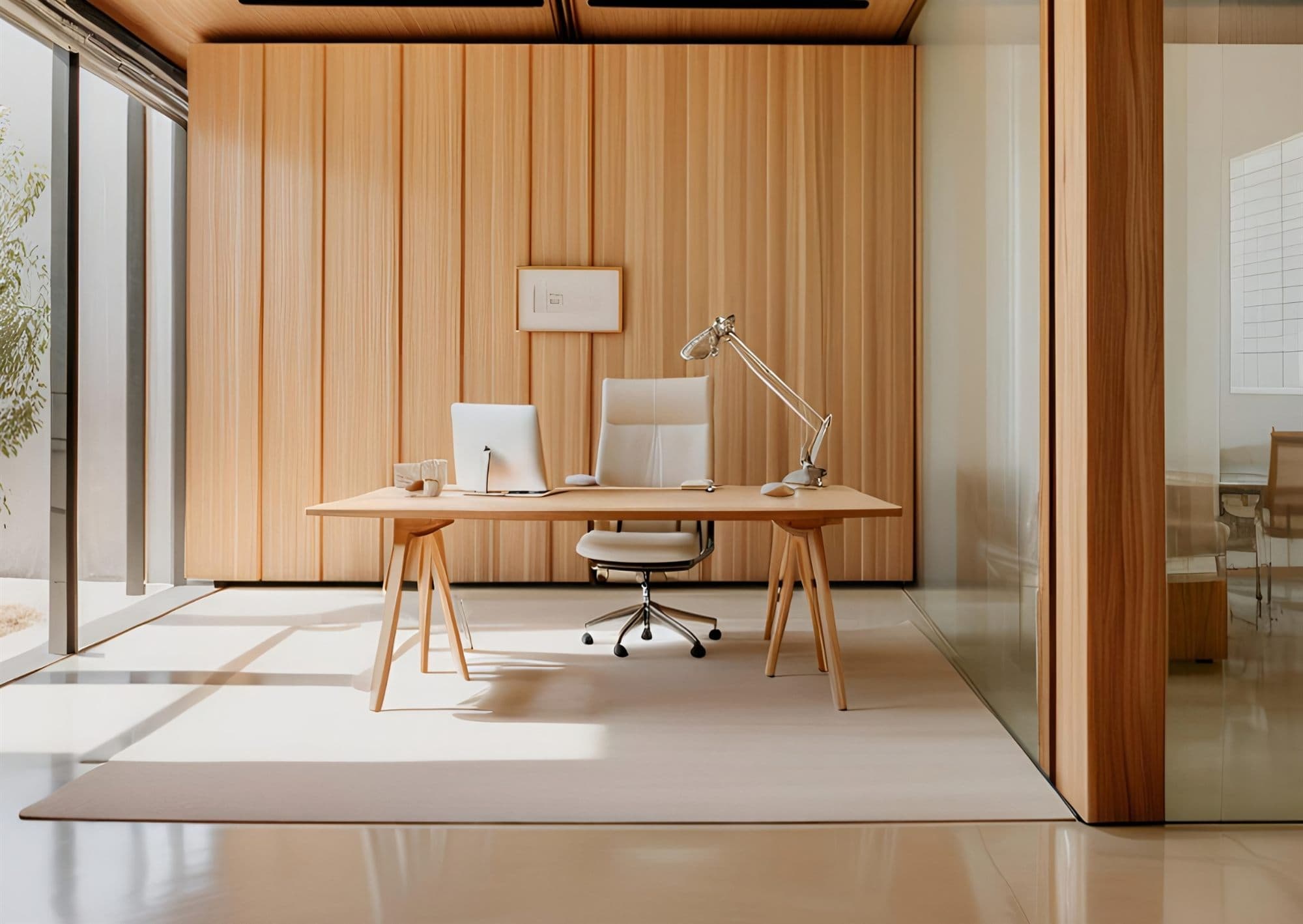 Rug in a modern office beneath a desk, washed by trained rug specialists