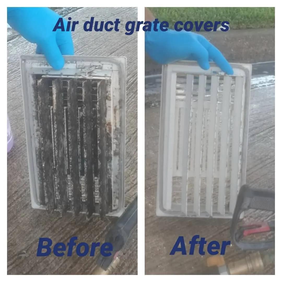 Before and after of an aircon vent grate cover cleaned by The Carpet Guys, heavy dust and grime build-up fully removed